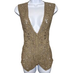 Vintage Express Womens Handknitted Crochet Vest Metallic Gold Bronze Sz M 90s